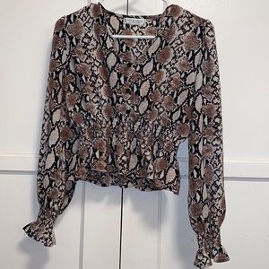 Jon & Anna Small Smocked Blouse Snakeskin Print Elastic Waist Sleeves Top